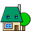 desenho de uma casa com teto verde, chaminé,
              uma porta e uma janela, e uma árvore do lado direito